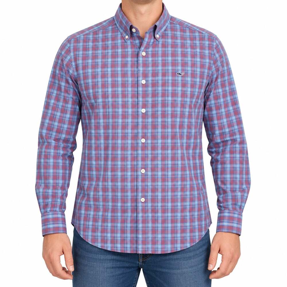 Vineyard Vines Shirt Mens Medium Blue Plaid Slim Cotton Long Sleeve Button-Down
